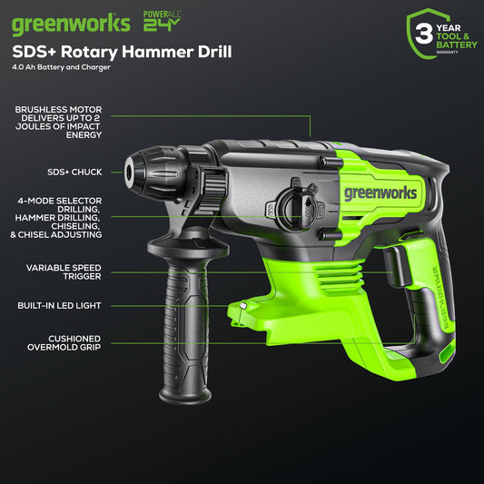 24V SDS-Plus 2J Brushless Rotary Hammer Drill: 4.0 Ah USB Battery and Charger