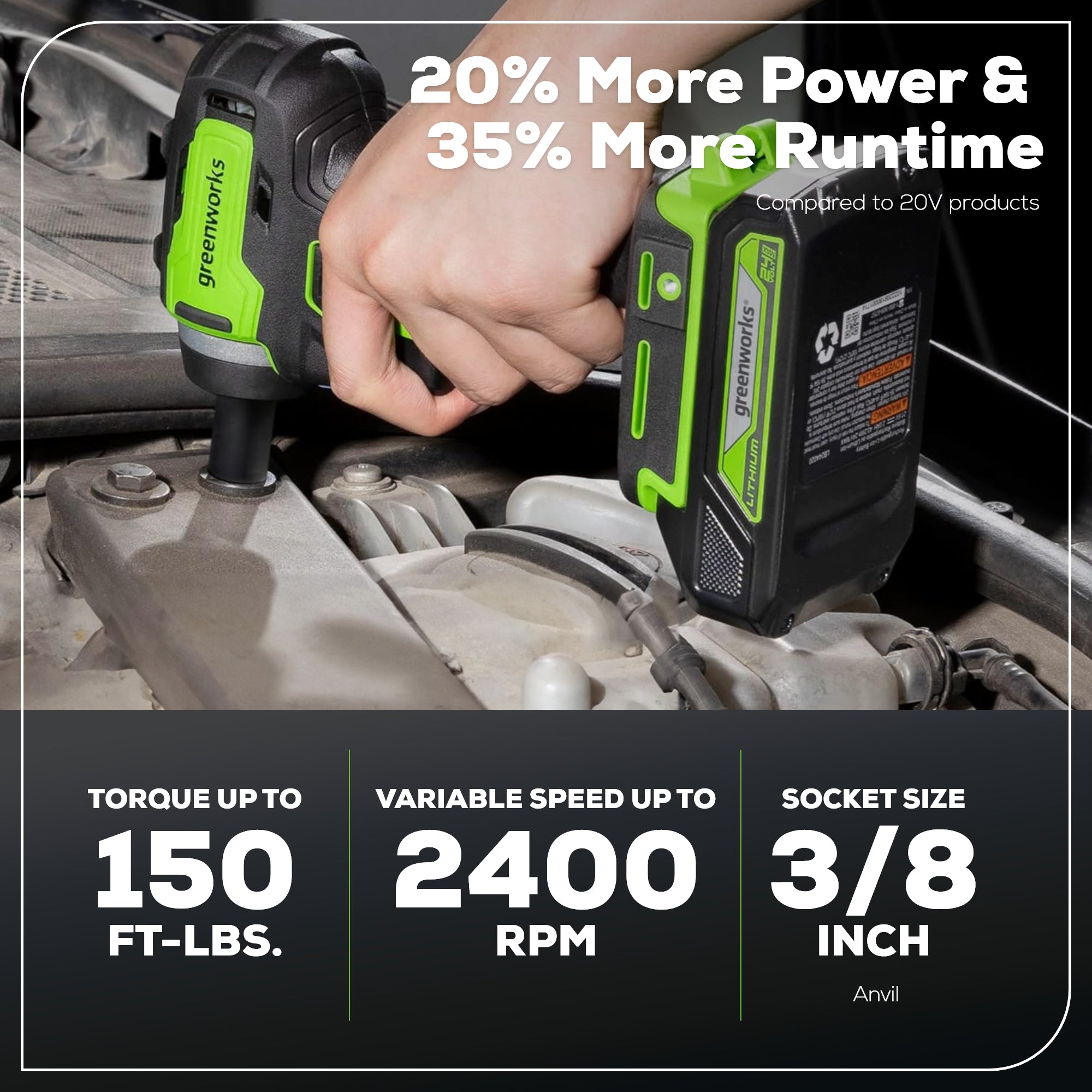 24V 3/8" Cordless Battery Impact Wrench: 2.0 Ah Battery and Charger