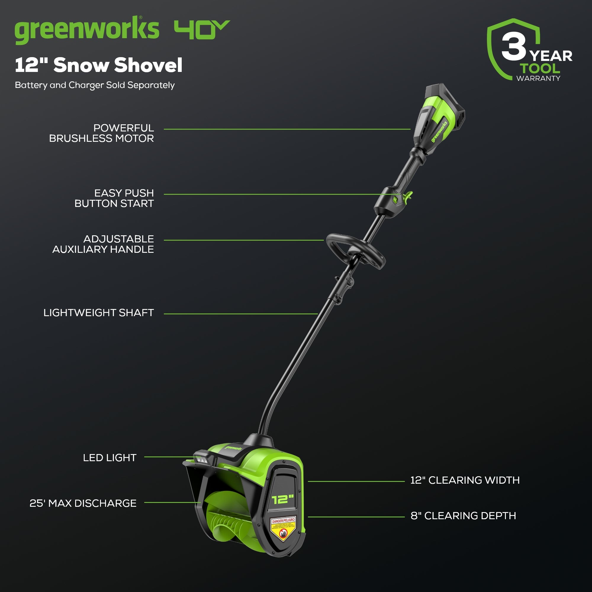 40V 12" Cordless Brushless Snow Shovel with Light (Tool Only)