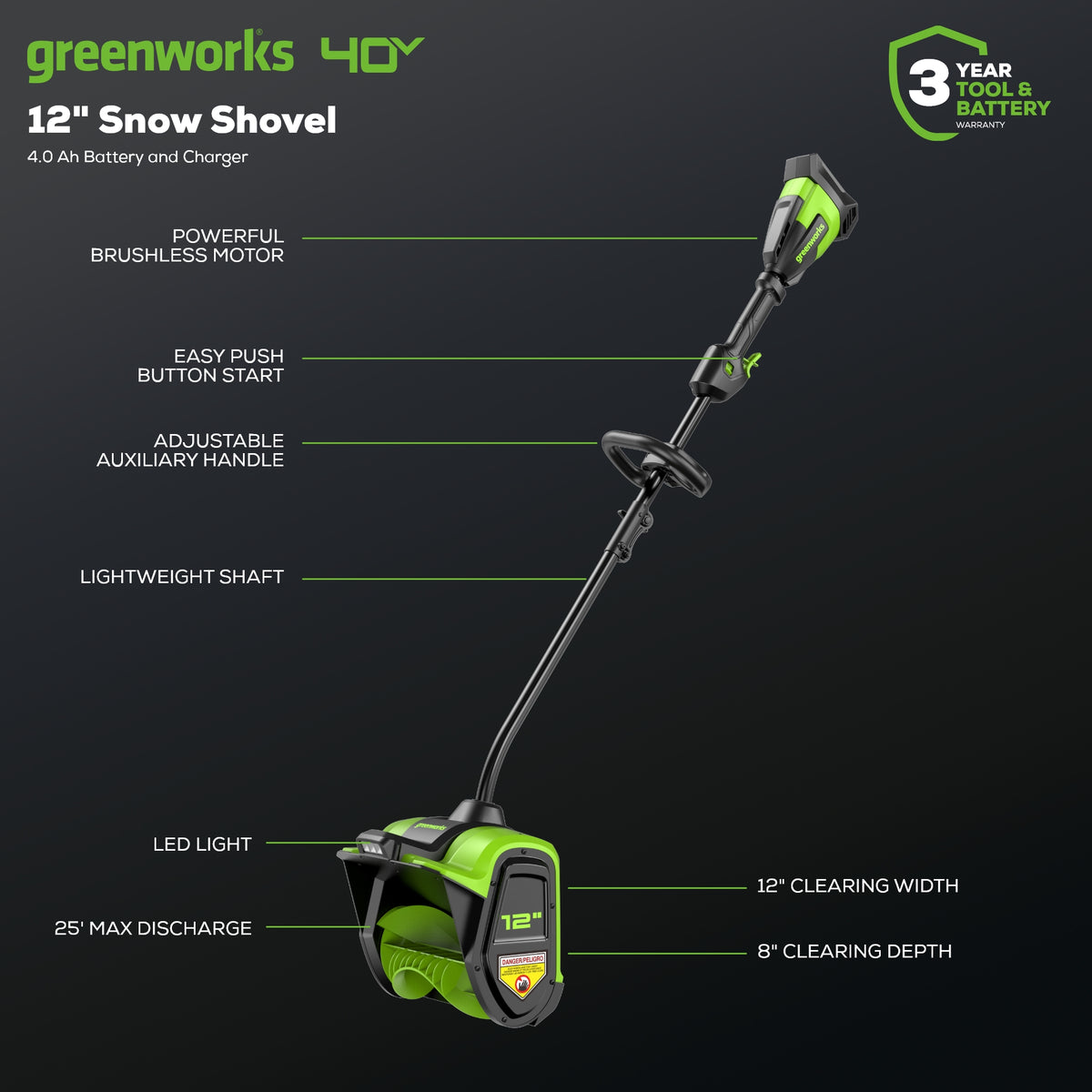 40V 12" Cordless Battery LED Snow Shovel: 4.0 Ah Battery and Charger
