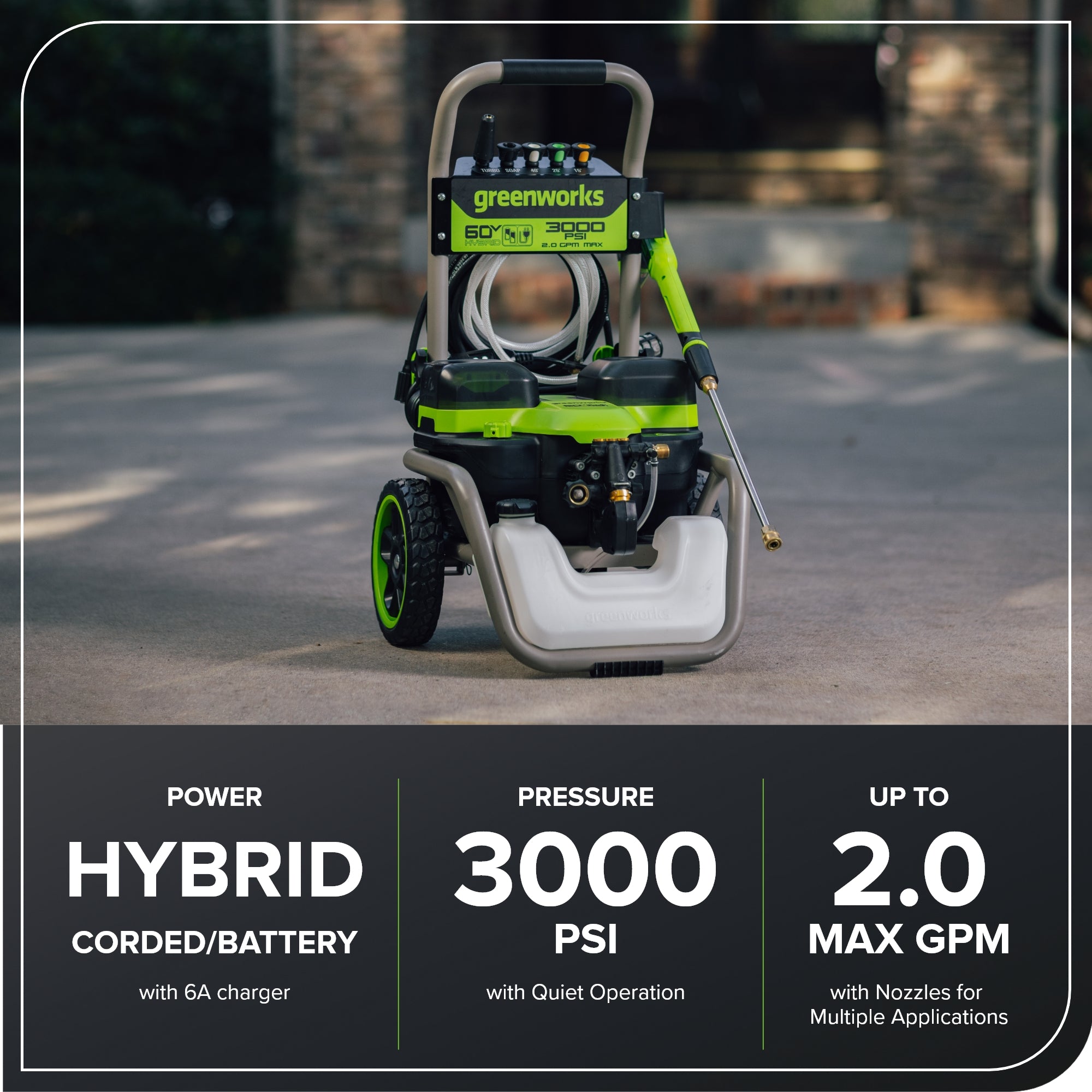 Corded/60V 3000-PSI 2.0 GPM Electric Pressure Washer: (2) 5.0Ah Batteries and Dual-Port Charger