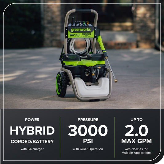 Corded/60V 3000-PSI 2.0 GPM Electric Pressure Washer: (2) 5.0Ah Batteries and Dual-Port Charger