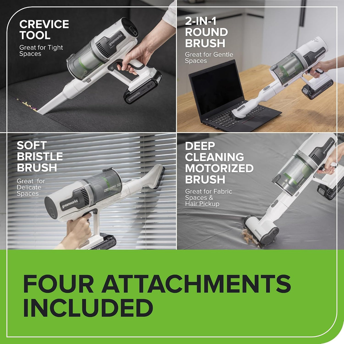 24V Cordless Battery White Stick Vacuum 3-in-1 Bundle: (2) 4.0 Ah USB Batteries and Charging Stand