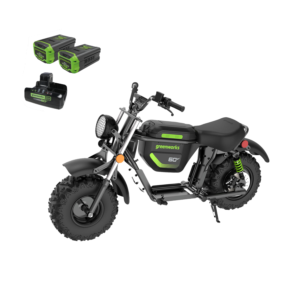 60V STEALTH Series Electric Mini-Bike: (2) 8.0 Ah Batteries and Dual-Port Rapid Charger
