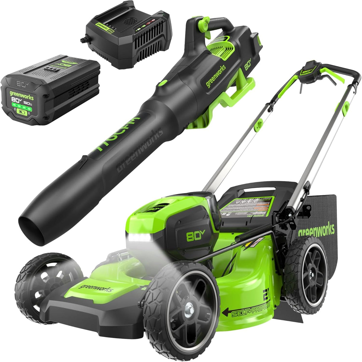 80V 21" Cordless Battery 4-in-1 Self-Propelled Lawn Mower and 700CFM Blower Combo Kit: 5.0 Ah Battery and 6A Charger
