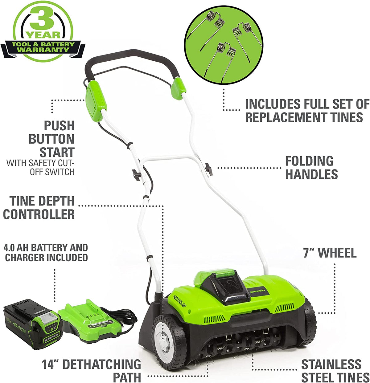 40V 14" Cordless Dethatcher: 4.0 Ah Battery and Charger