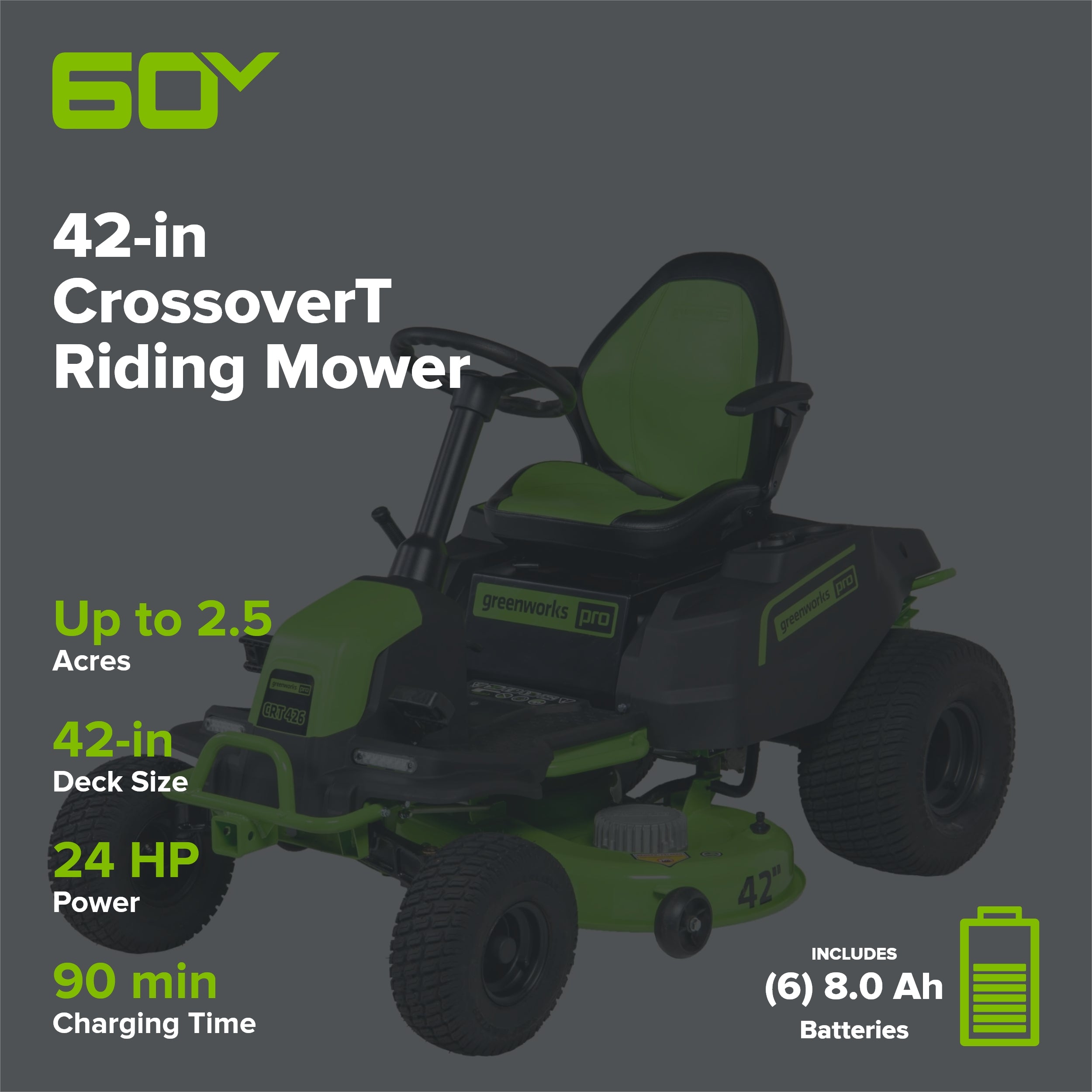 60V 42" Cordless Battery CrossoverT Riding Lawn Mower: (6) 8.0 Ah Batteries and (3) Dual-Port Turbo Chargers, CRT4261