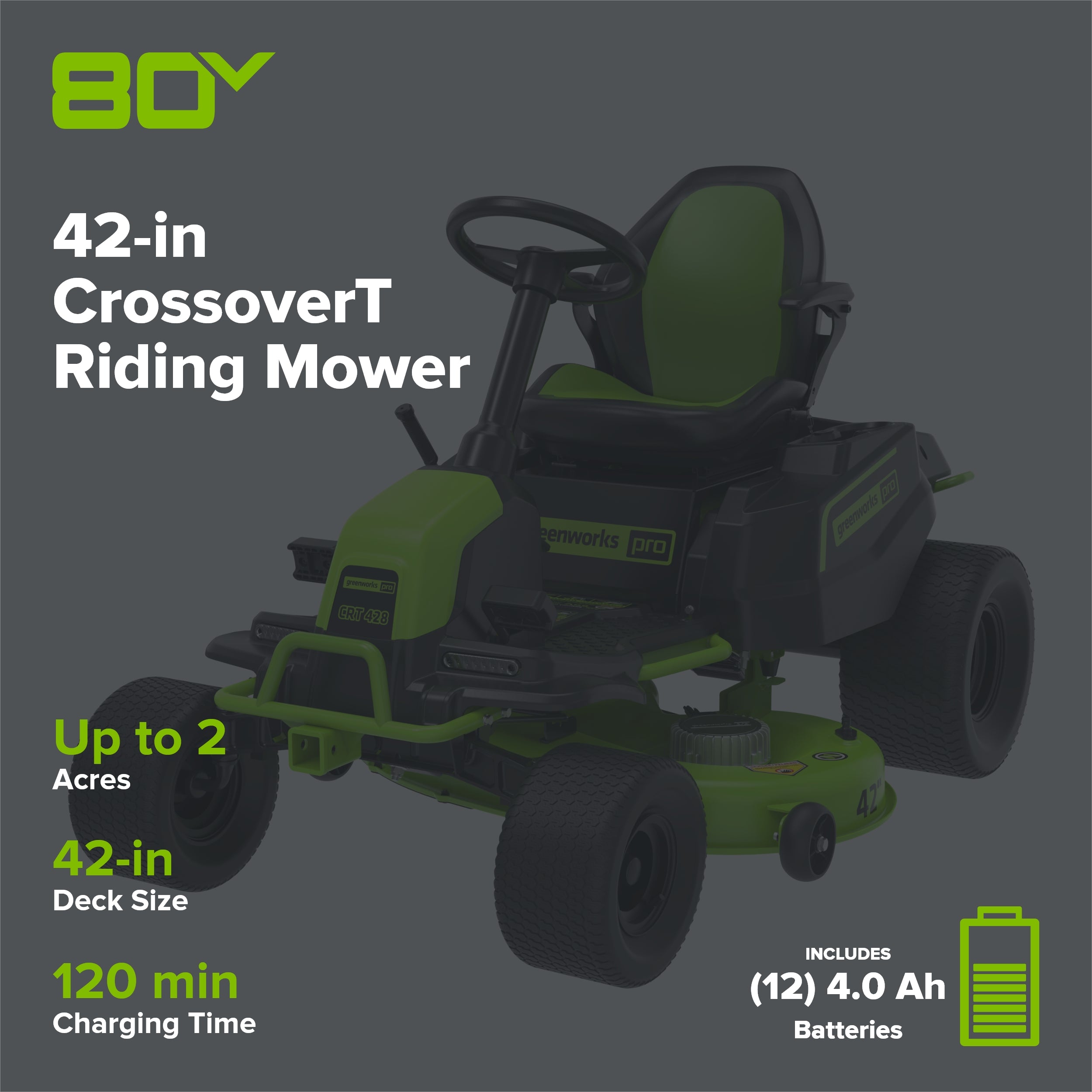 80V 42" Cordless Battery CrossoverT Riding Lawn Mower, Twelve (12) 4.0 Ah Batteries and (3) Dual-Port Turbo Chargers, CRT4281