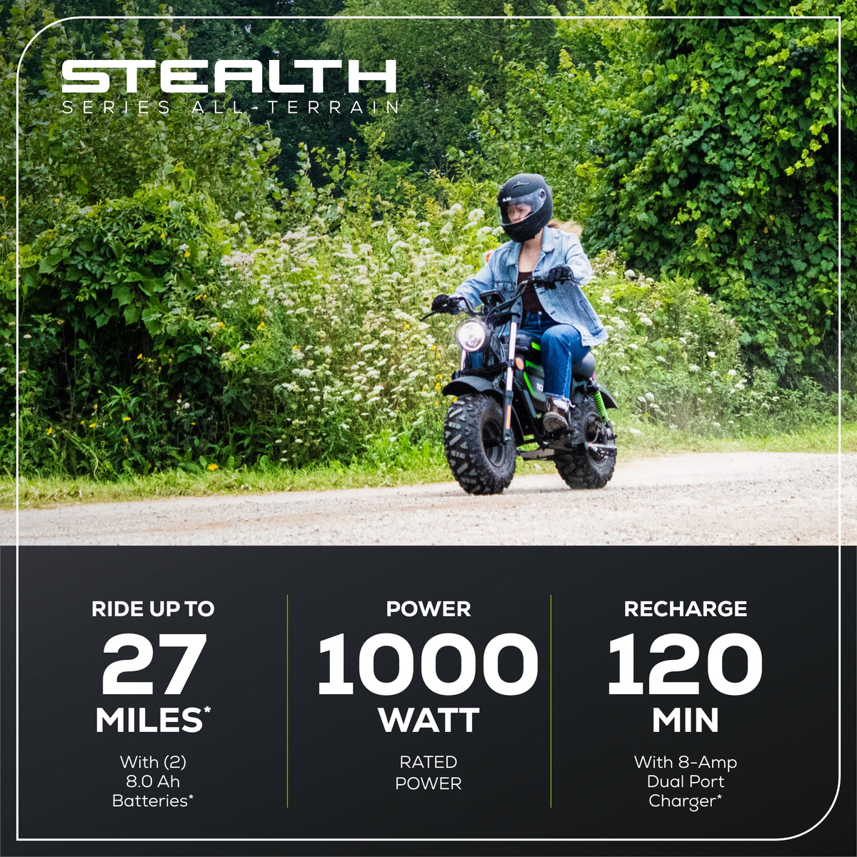 80V STEALTH Series Electric Mini-Bike: (2) 8.0 Ah Batteries and Dual-Port Rapid Charger