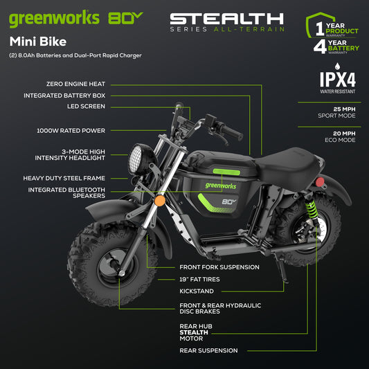 80V STEALTH Series Electric Mini-Bike: (2) 8.0 Ah Batteries and Dual-Port Rapid Charger