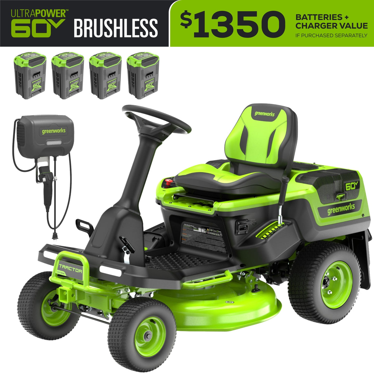 RENEWED 60V 30" CrossoverT Riding Lawn Tractor with (4) 8.0 Ah Batteries and 600-Watt Charger, CRT3062