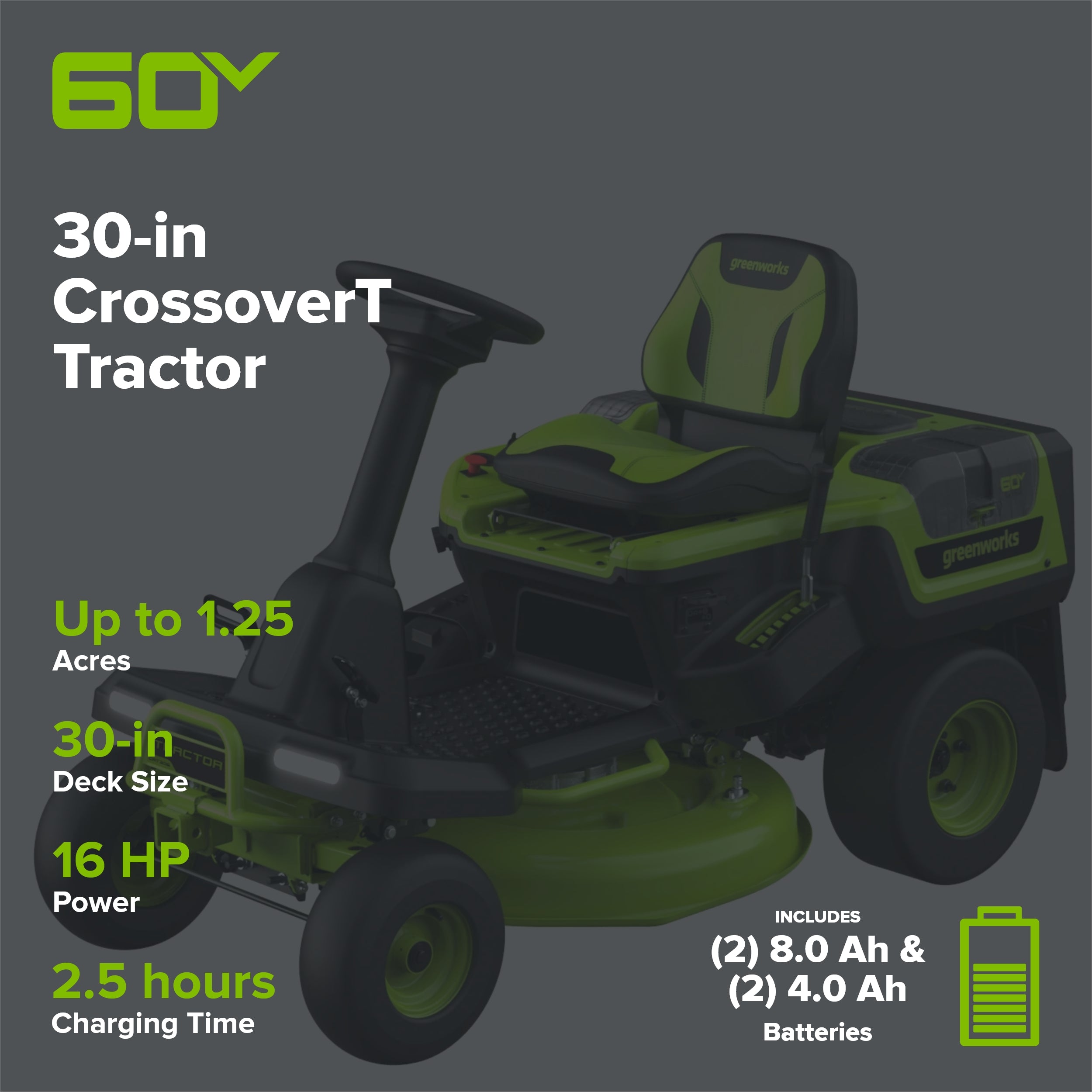 60V 30” CrossoverT Riding Lawn Tractor with (2) 8.0 Ah, (2) 4.0 Ah Batteries & 600-Watt Charger, CRT3061