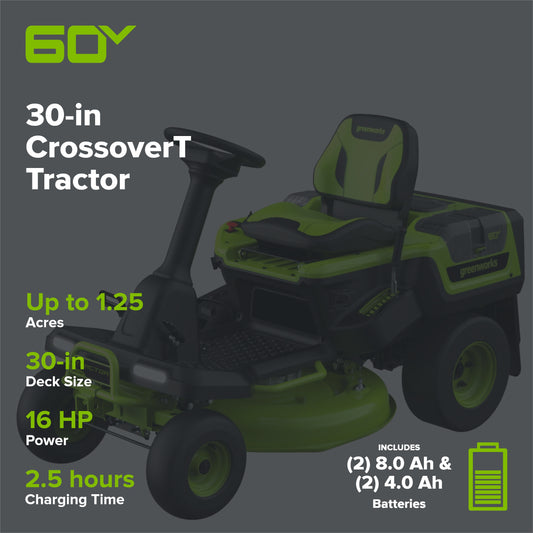 60V 30” CrossoverT Riding Lawn Tractor with (2) 8.0 Ah, (2) 4.0 Ah Batteries & 600-Watt Charger, CRT3061