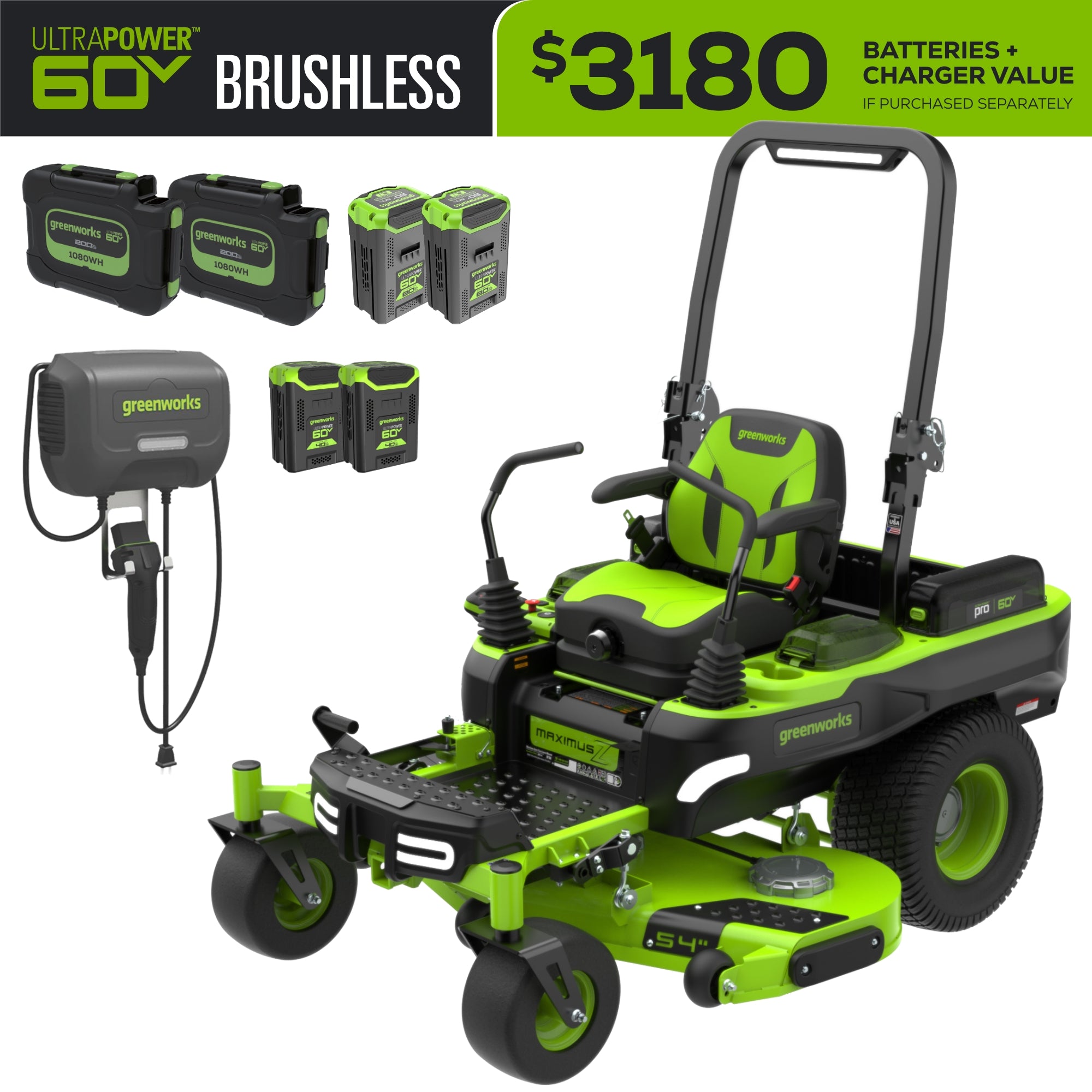 60V 54" MaximusZ Zero Turn Riding Mower: (2) 20.0 Ah (2) 8.0 Ah and (2) 4.0 Ah Batteries and 1.5kW Charger, MZ5461