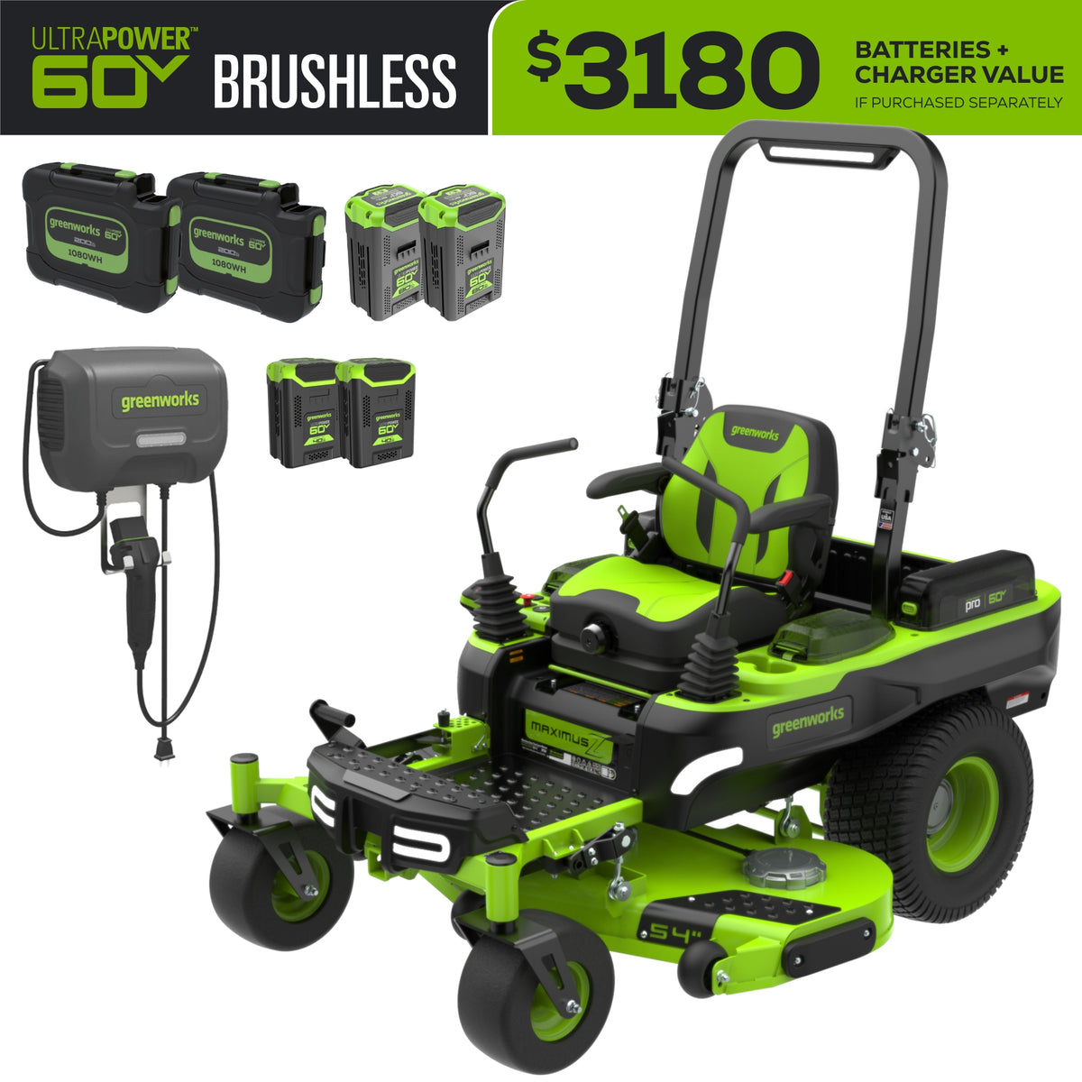 60V 54" MaximusZ Zero Turn Riding Mower: (2) 20.0 Ah (2) 8.0 Ah and (2) 4.0 Ah Batteries and 1.5kW Charger, MZ5461