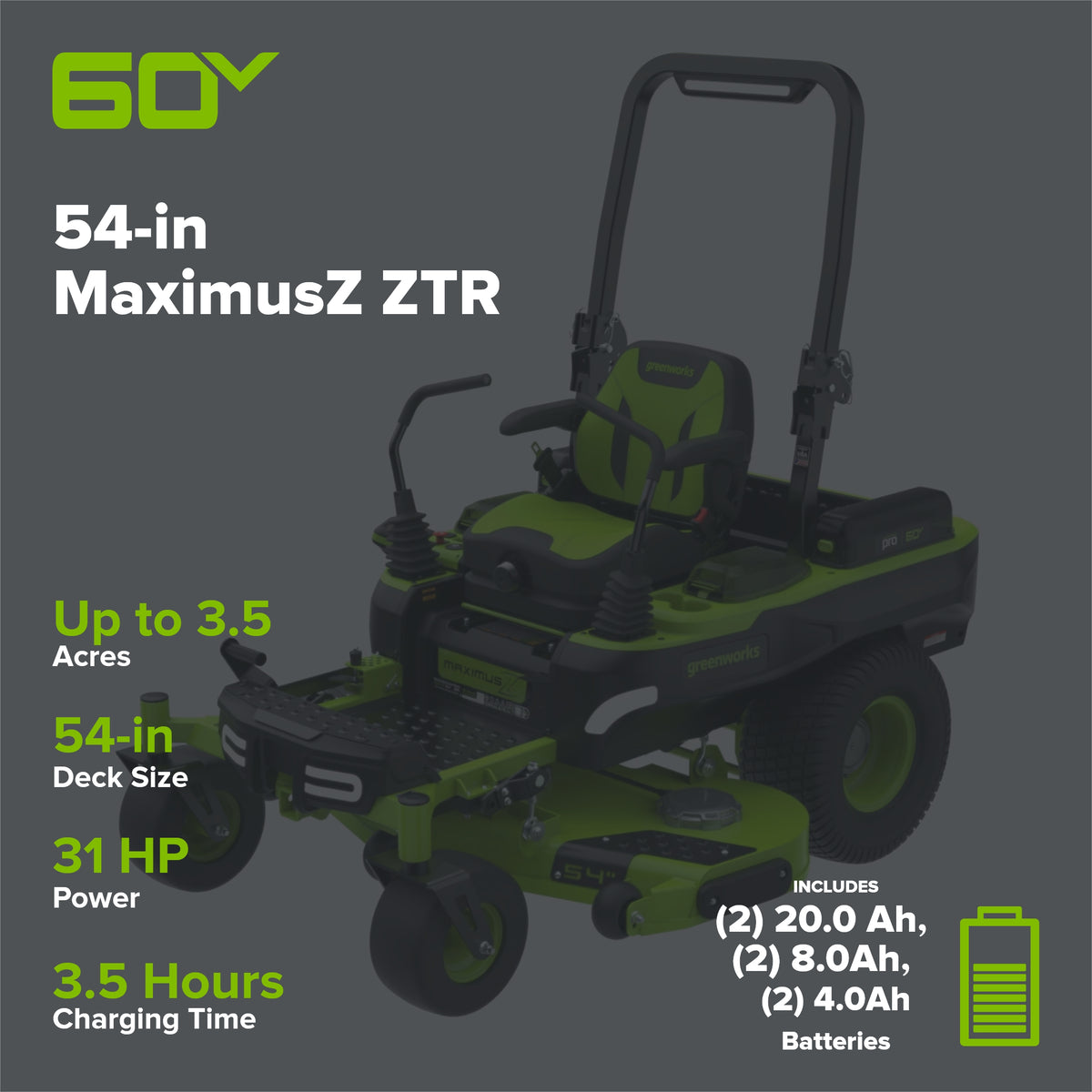 60V 54" MaximusZ Zero Turn Riding Mower: (2) 20.0 Ah (2) 8.0 Ah and (2) 4.0 Ah Batteries and 1.5kW Charger, MZ5461