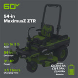 60V 54" MaximusZ Zero Turn Riding Mower: (2) 20.0 Ah (2) 8.0 Ah and (2) 4.0 Ah Batteries and 1.5kW Charger, MZ5461