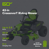 60V 42" Cordless Battery CrossoverT Riding Lawn Mower, (6) 8.0 Ah Batteries and 600W Wall Charger, CRT4262