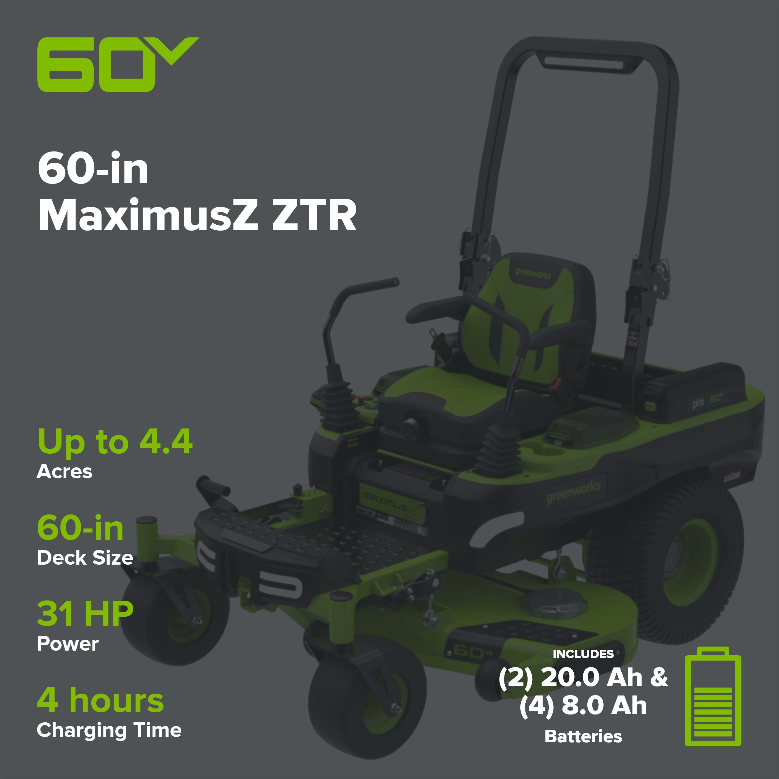 60V 60" MaximusZ Zero Turn: (2) 20.0 Ah, (4) 8.0 Ah Batteries and 1.5kW Charger, MZ6061