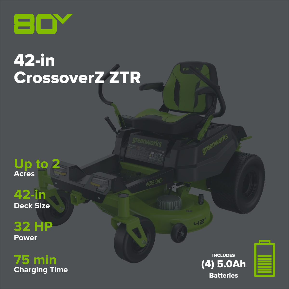 80V 42" Cordless Battery CrossoverZ Zero Turn Lawn Mower, (4) 5Ah Batteries and (3) Dual-Port Chargers, CRZ4282