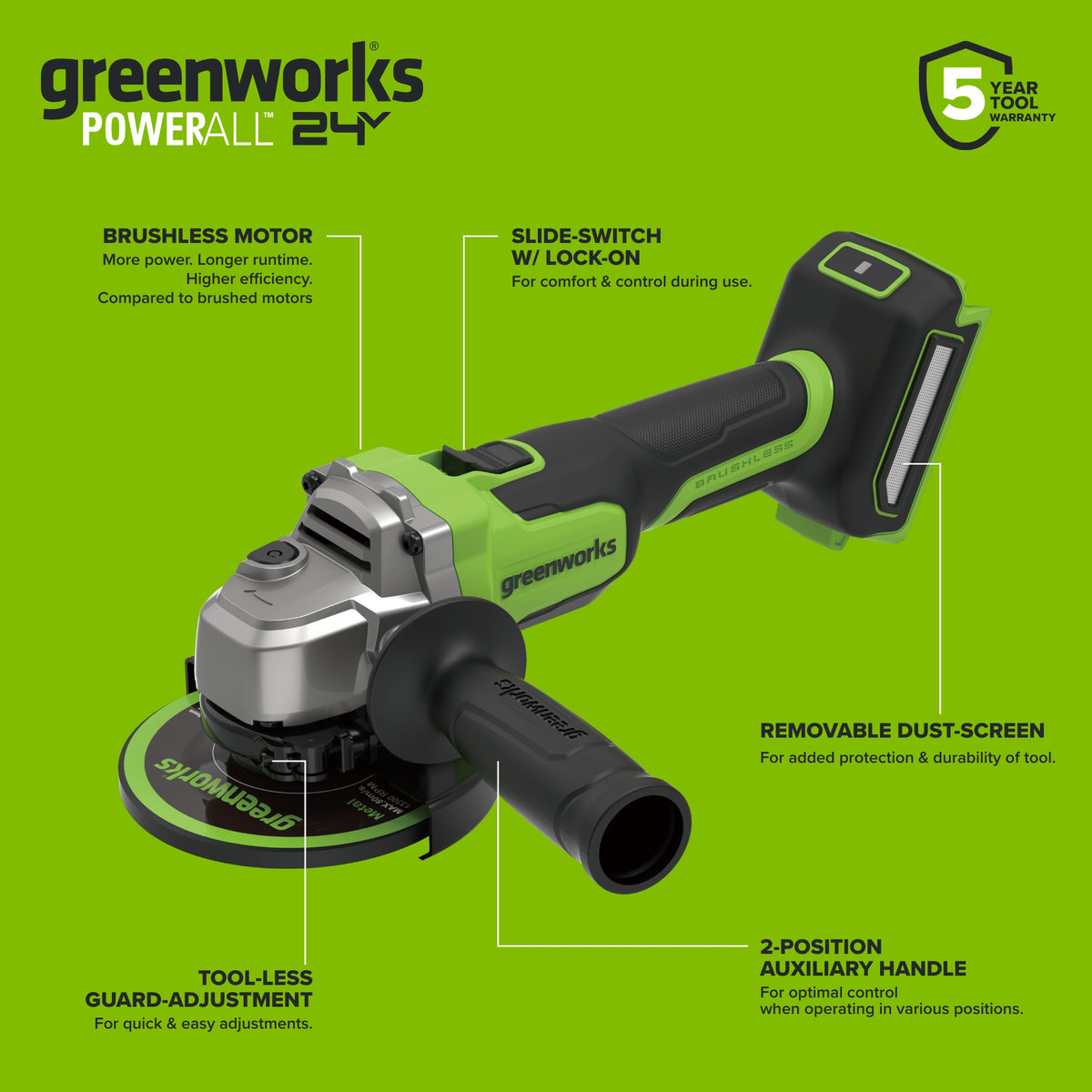 24V PowerAll Brushless 4-1/2" Angle Grinder Kit with Grinding Wheel & Accessories