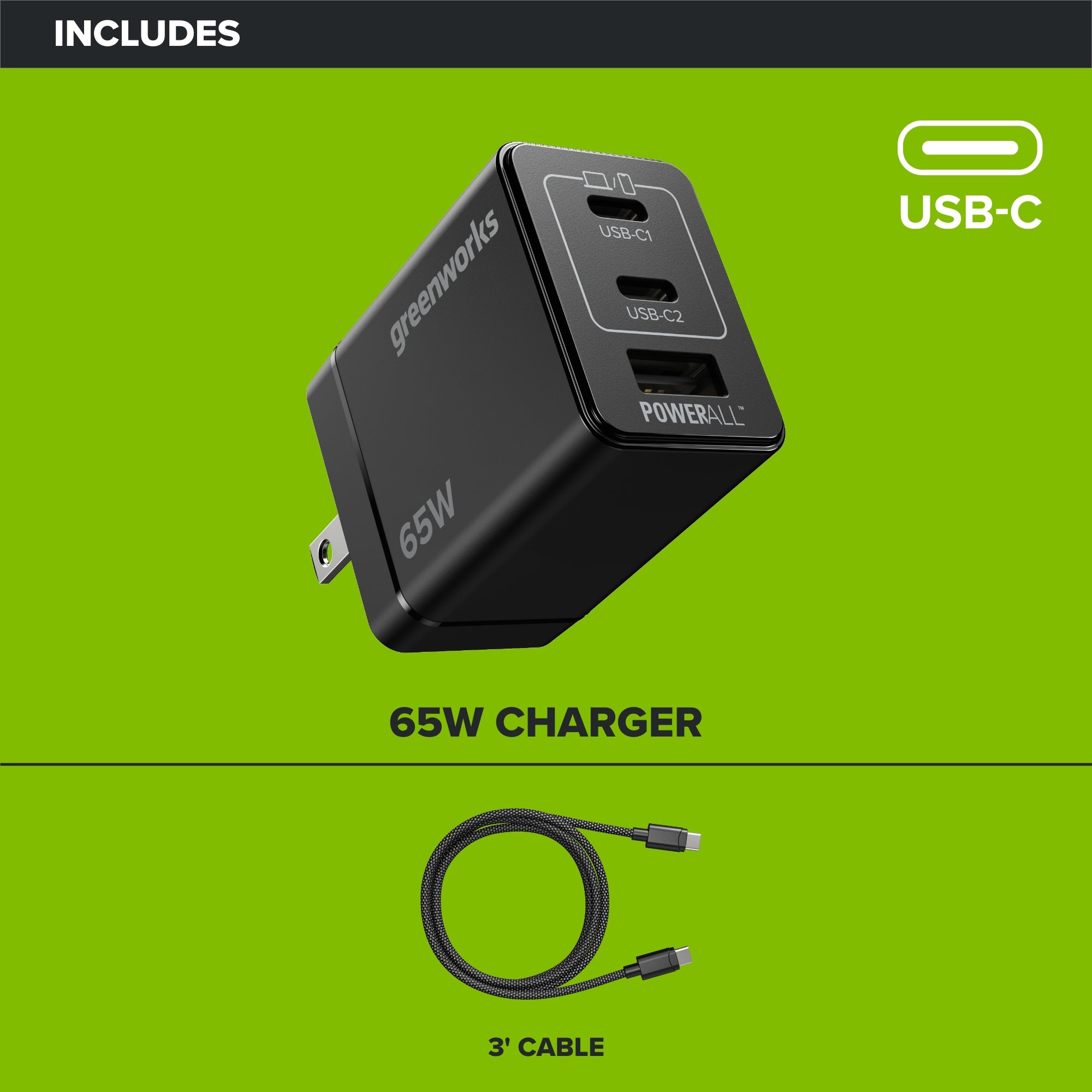 24V PowerAll Charger Set with 65W USB-C Charger Block and (1) 3' 100W USB-C Cable