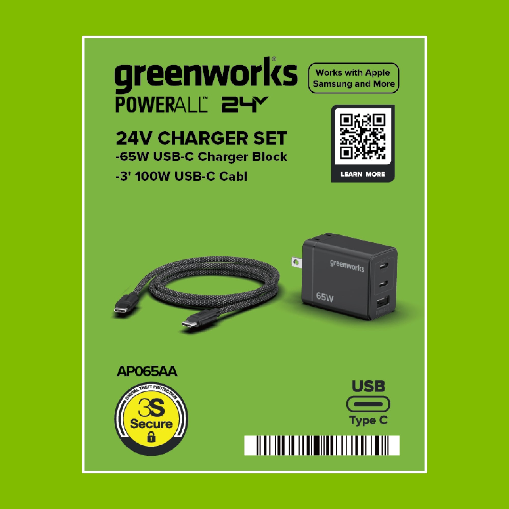 24V PowerAll Charger Set with 65W USB-C Charger Block and (1) 3' 100W USB-C Cable