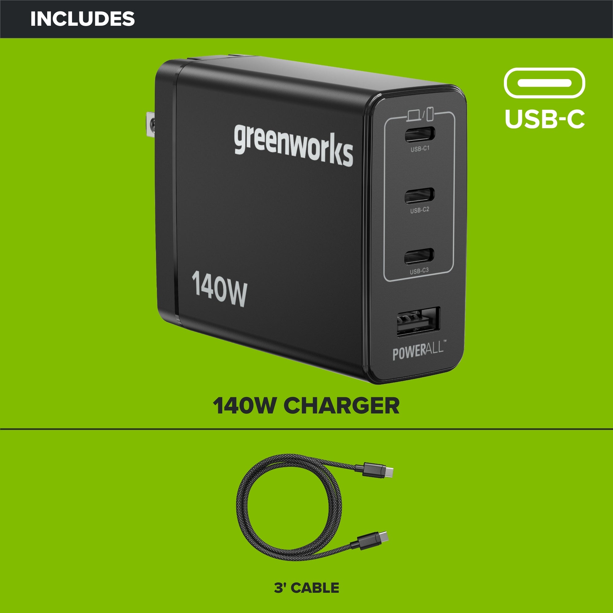 24V PowerAll Charger Set with 140W USB-C Charger Block and (2) 3.3' 100W USB-C Cables