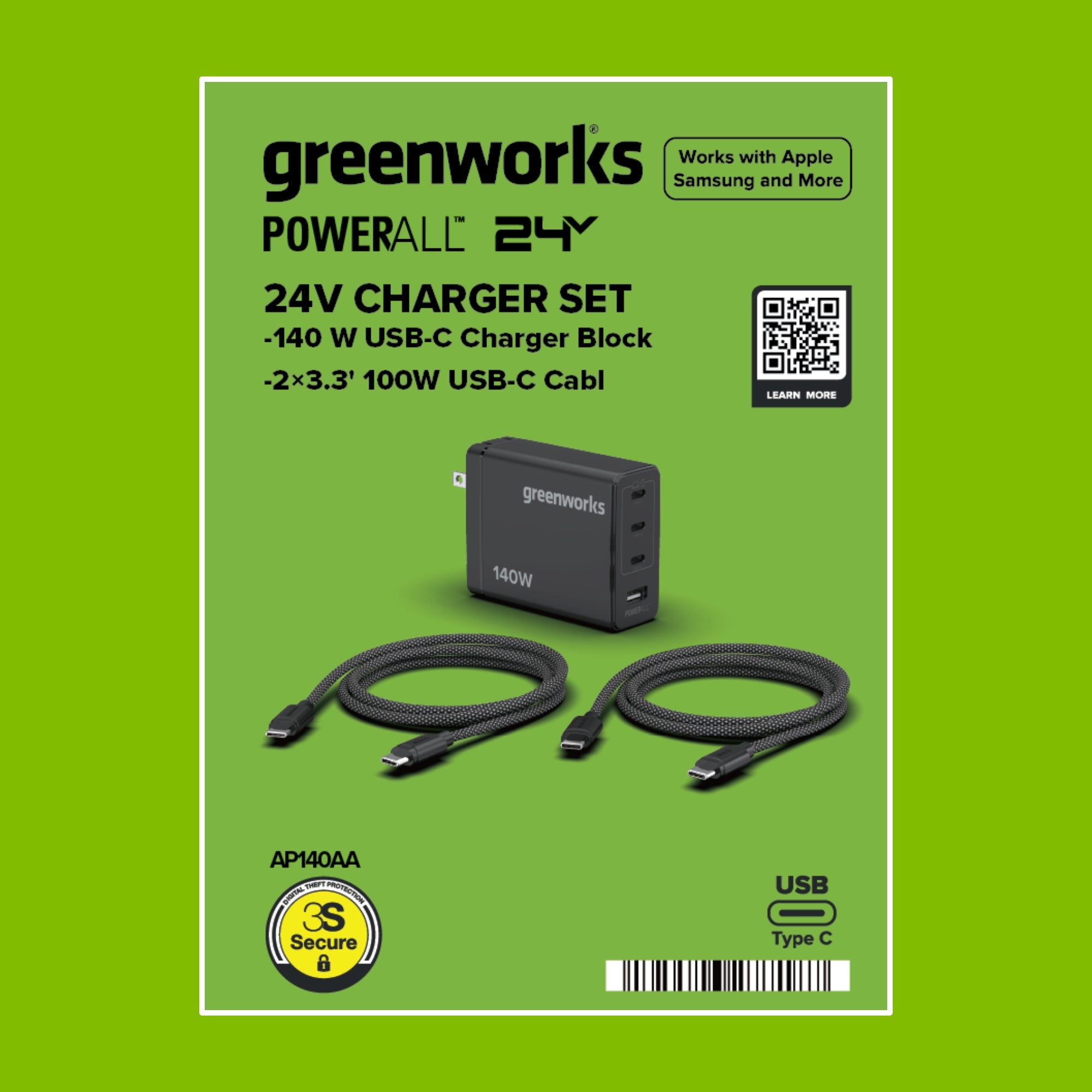 24V PowerAll Charger Set with 140W USB-C Charger Block and (2) 3.3' 100W USB-C Cables