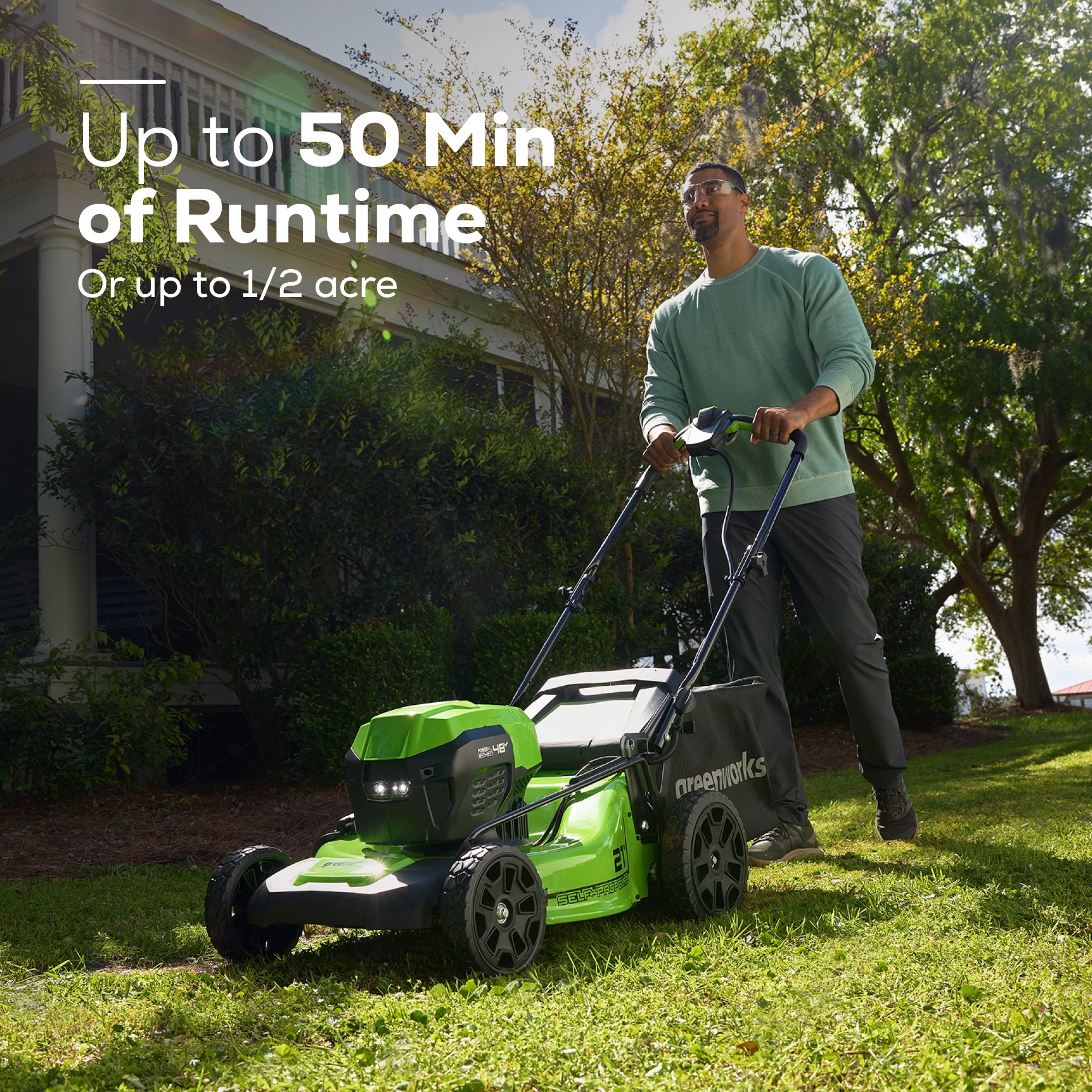 OPEN BOX 48V (24V x 2) 21" Cordless Battery Self-Propelled Mower 3PC Combo Kit: (2) 5.0Ah Batteries,(1) 2.0 Ah Battery,(1) Dual-Port Rapid Charger and (1) Charger