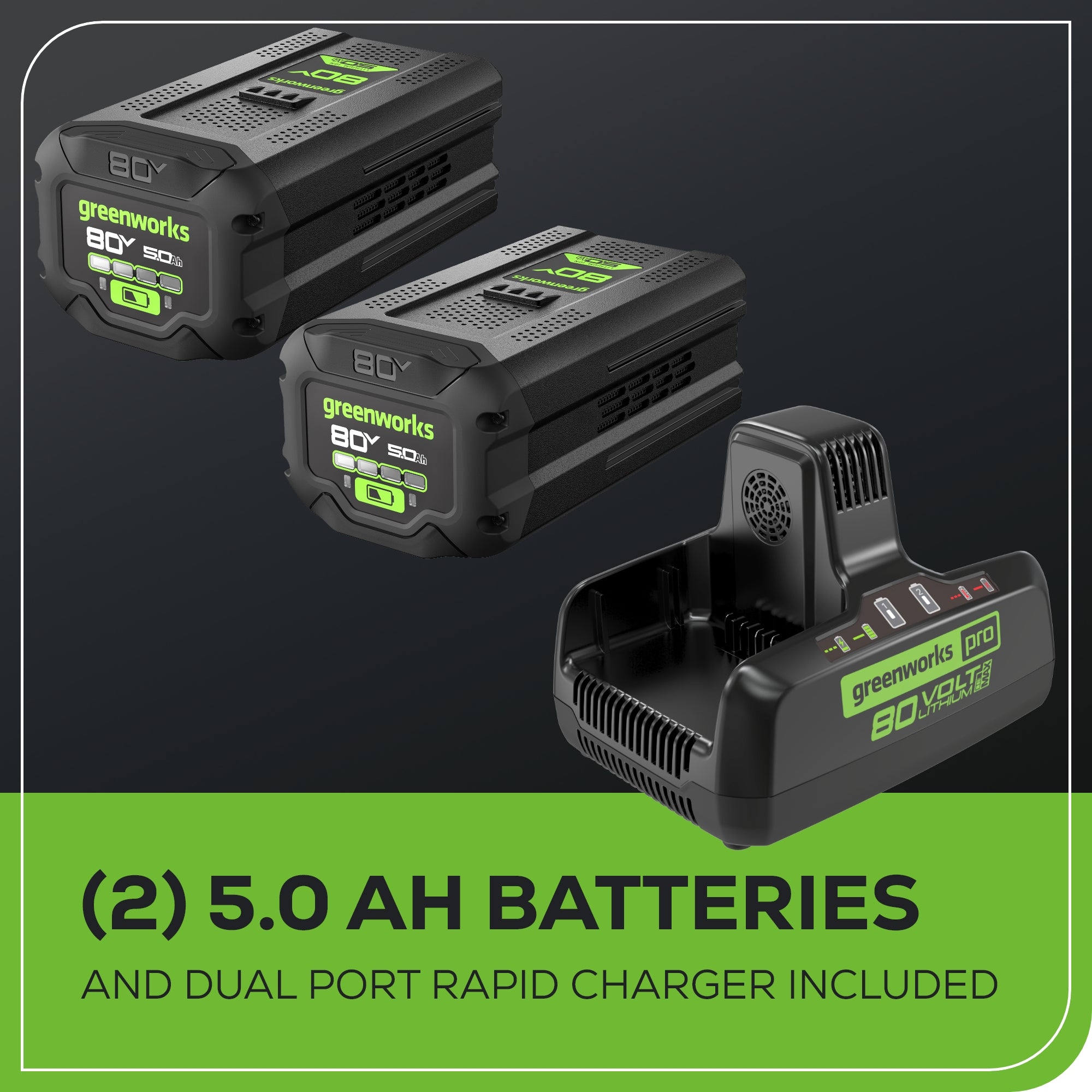 80V 800CFM Cordless Battery Dual-Port Backpack Blower: (2) 5Ah Battery and Dual-Port Rapid Charger