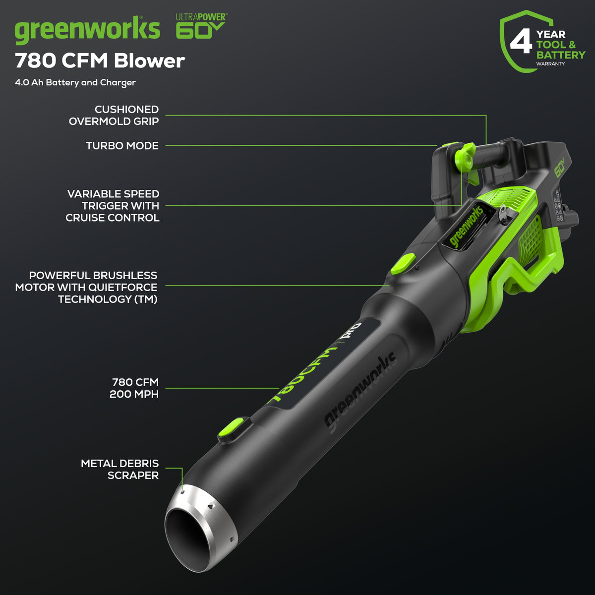 Pro 60V 780CFM Cordless Battery Leaf Blower, 4Ah Battery and Charger