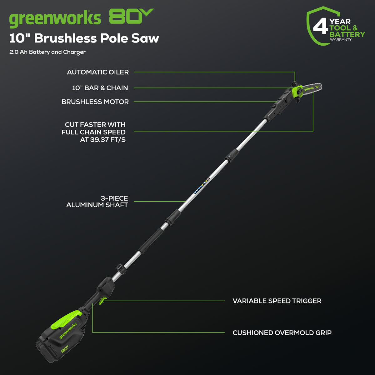 80V Pro 10" Cordless Battery Pole Saw: 2.0 Ah Battery and Charger