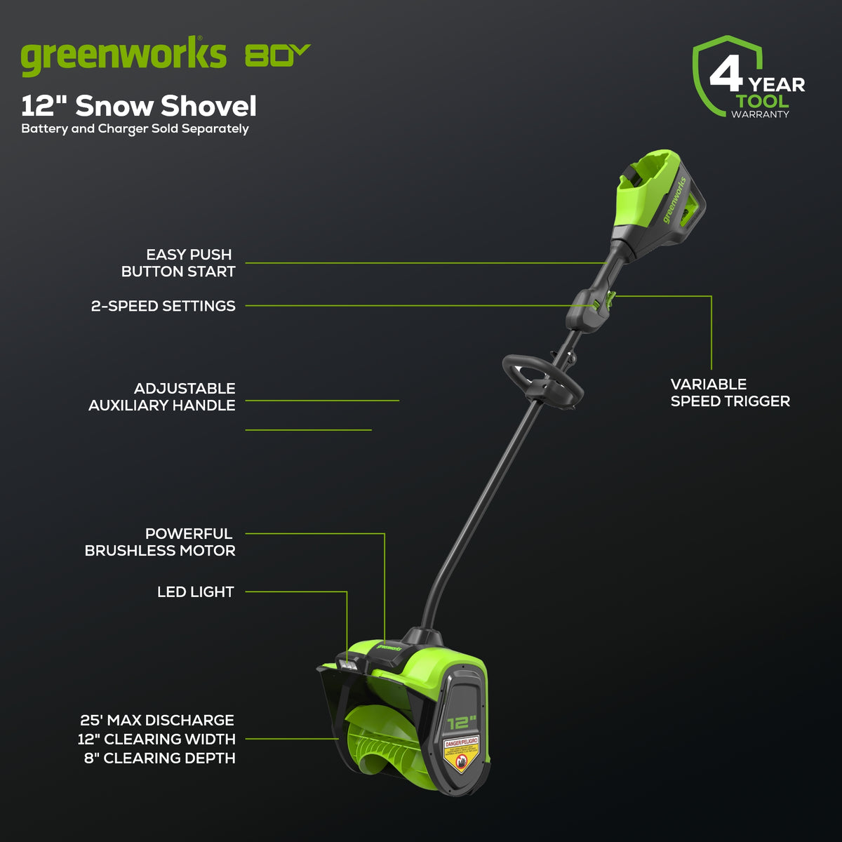 80V 12" Cordless Battery LED Snow Shovel (Tool Only)