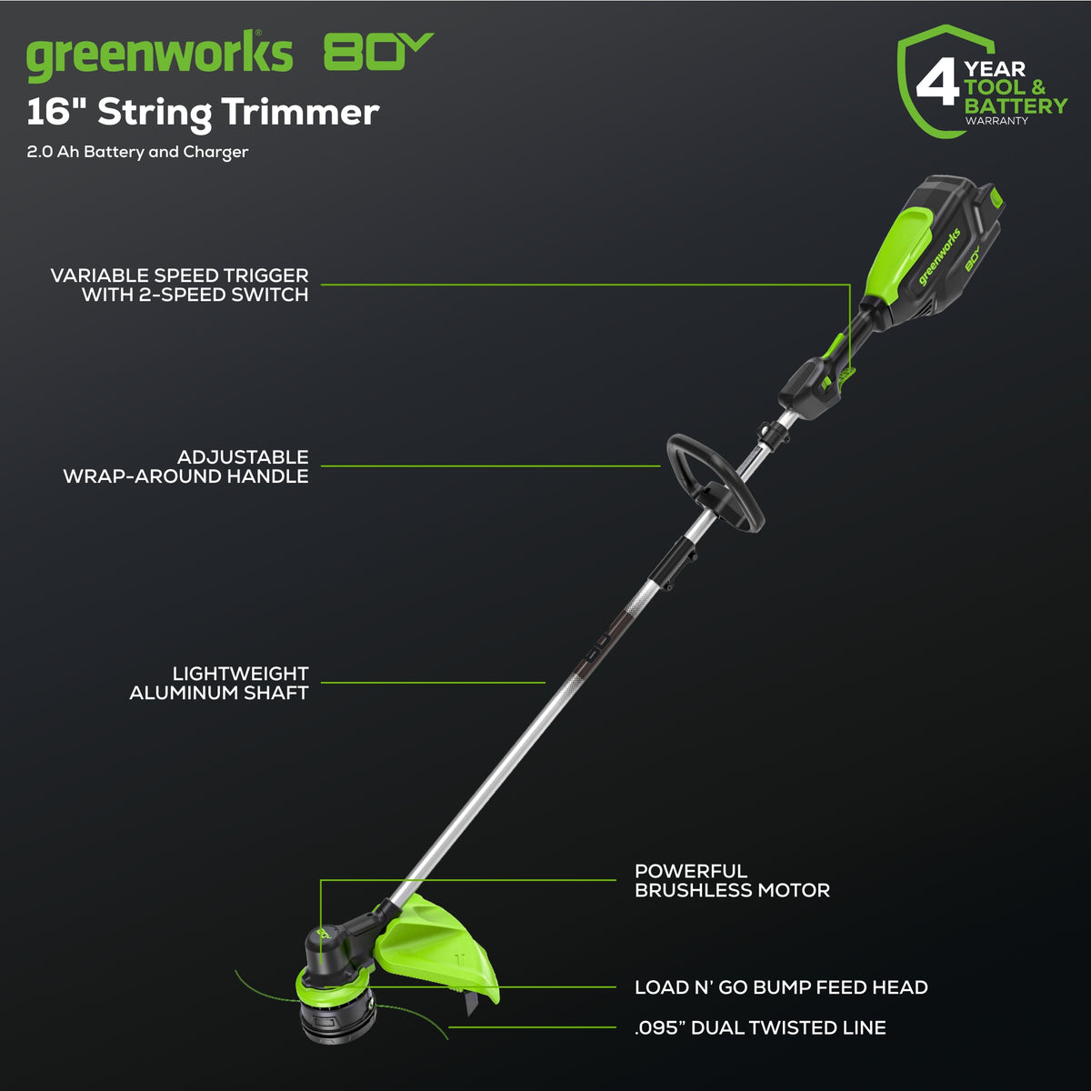 80V 16" Cordless Brushless String Trimmer: 2.0 Ah Battery and 2Amp Charger