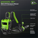 80V 800CFM Cordless Battery Dual-Port Backpack Blower: (2) 5Ah Battery and Dual-Port Rapid Charger