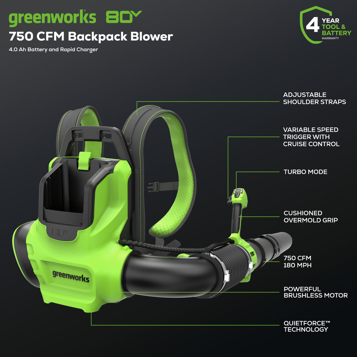 80V 750CFM Cordless Battery Single Port Backpack Blower, 4Ah Battery and Charger