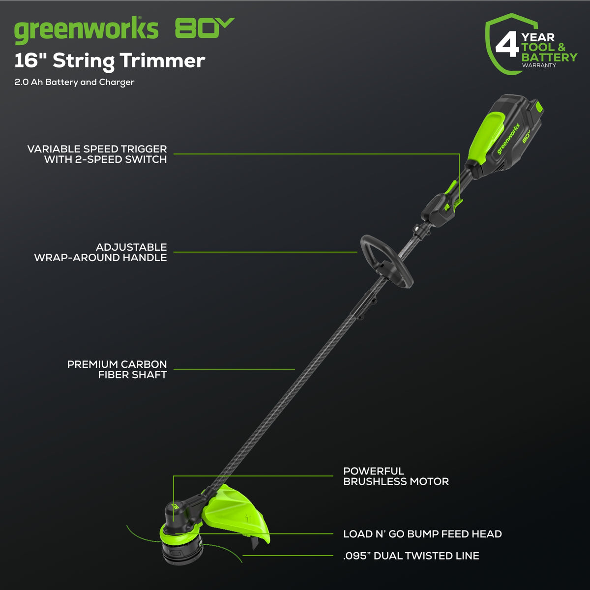 80V Cordless 16" Brushless Carbon Fiber String Trimmer: (1) 2.0 Ah Battery, (1) 2A Charger