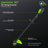 80V Cordless 16" Brushless Carbon Fiber String Trimmer: (1) 2.0 Ah Battery, (1) 2A Charger