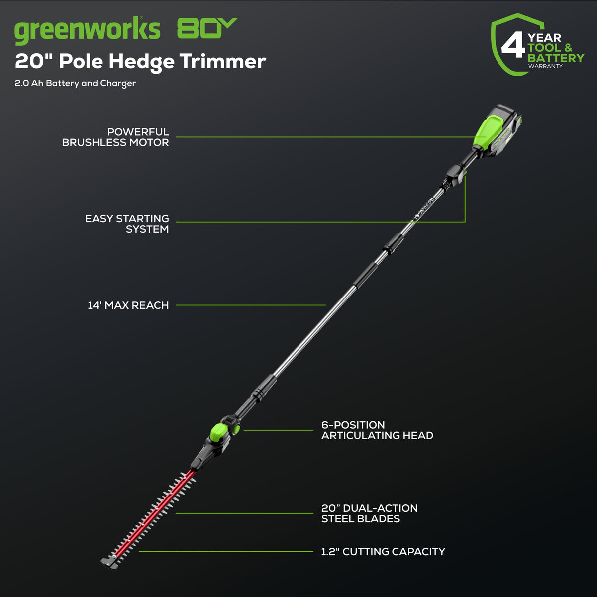 80V 20" Cordless Battery Pole Hedge Trimmer (1.2" cut, 4000 SPM): 2.0 Ah Battery and Charger
