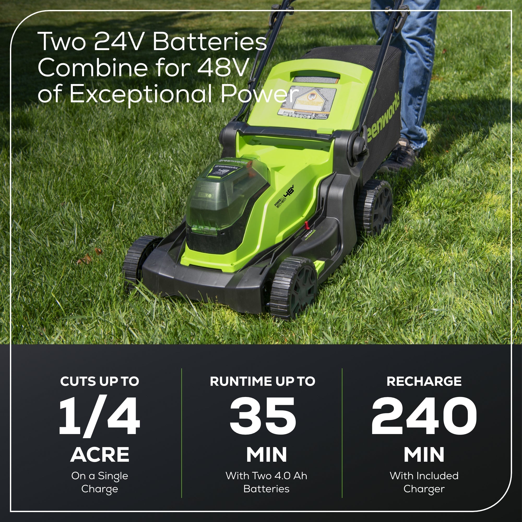 48V (24V x 2) 17" Cordless Battery Push Lawn Mower: (2) 4.0 Ah Batteries and Dual-Port Charger, LM1702