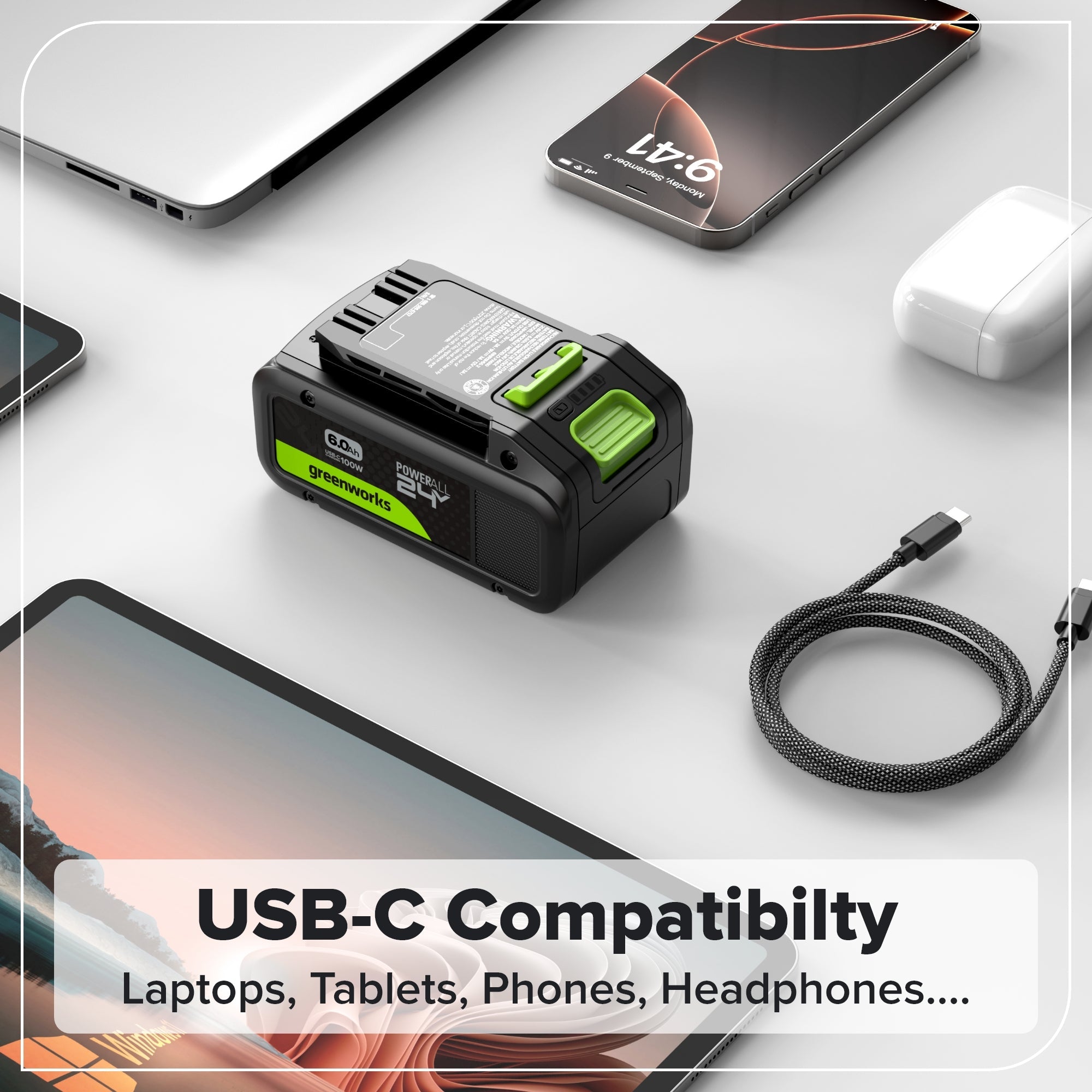 24V 6.0 Ah Battery with Bi-Directional USB-C Port