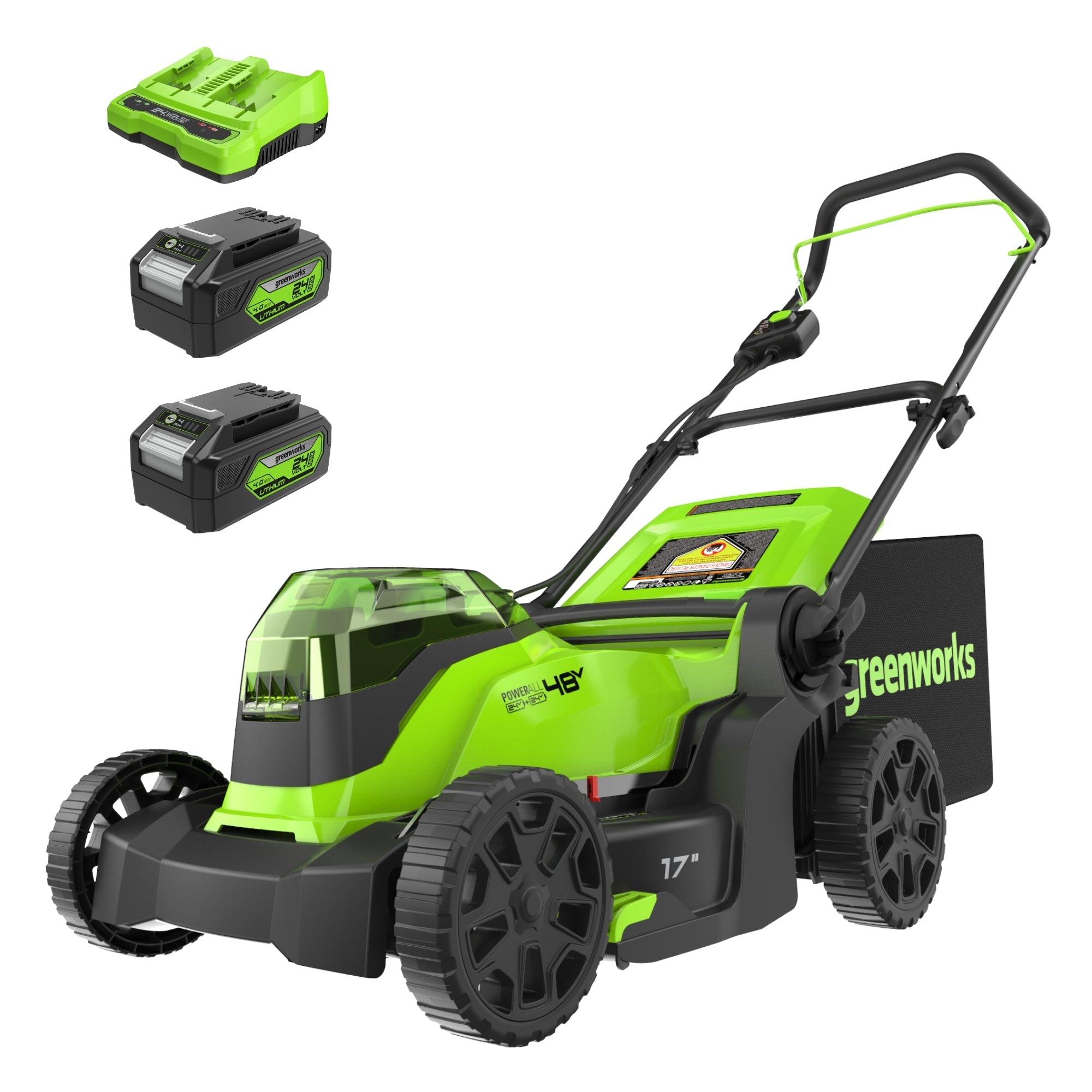 48V (24V x 2) 17" Cordless Battery Push Lawn Mower: (2) 4.0 Ah Batteries and Dual-Port Charger, LM1702