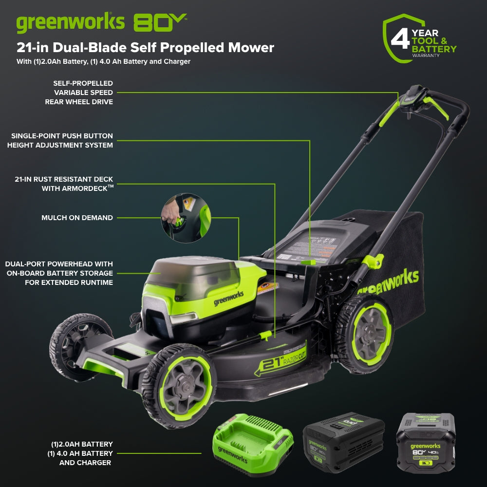 80V 21" Cordless Battery 4-in-1 Self-Propelled Mower: (1) 4.0Ah,(1) 2.0Ah Batteries & 2A Charger, LM2108S