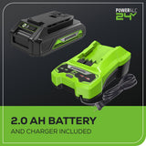 24V 10" Cordless Battery Chainsaw: 2.0 Ah USB Battery and Charger