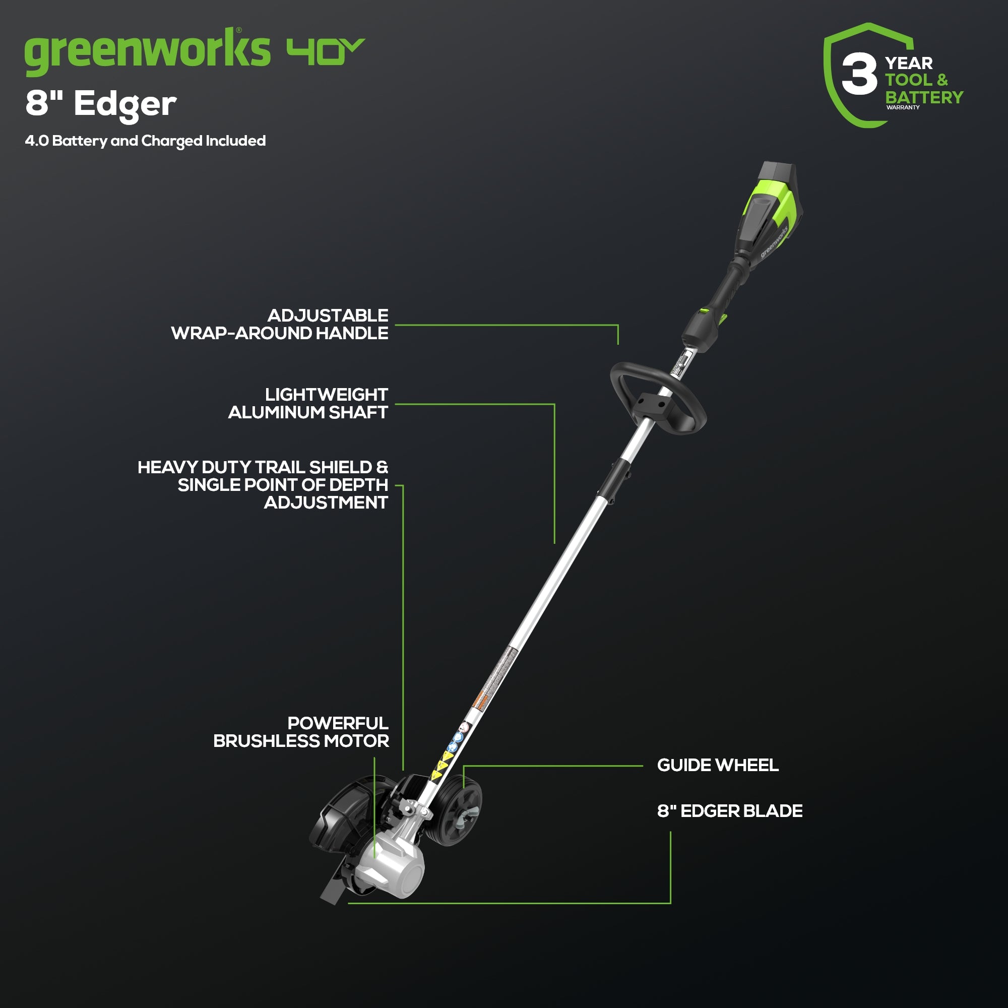 40V 8" Brushless Cordless Battery Edger: (1) 4.0 Ah Battery, (1) 2A Charger