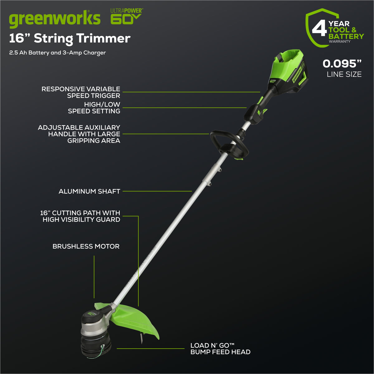 60V 16" Gen 2 Brushless Cordless Battery String Trimmer: (1) 2.5 Ah Battery, (1) 3A Charger