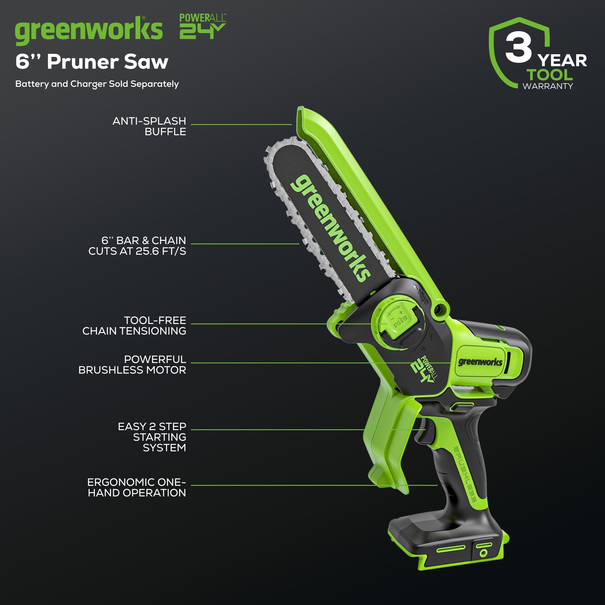 24V 6" Cordless Battery Brushless Pruner Saw (Tool Only)
