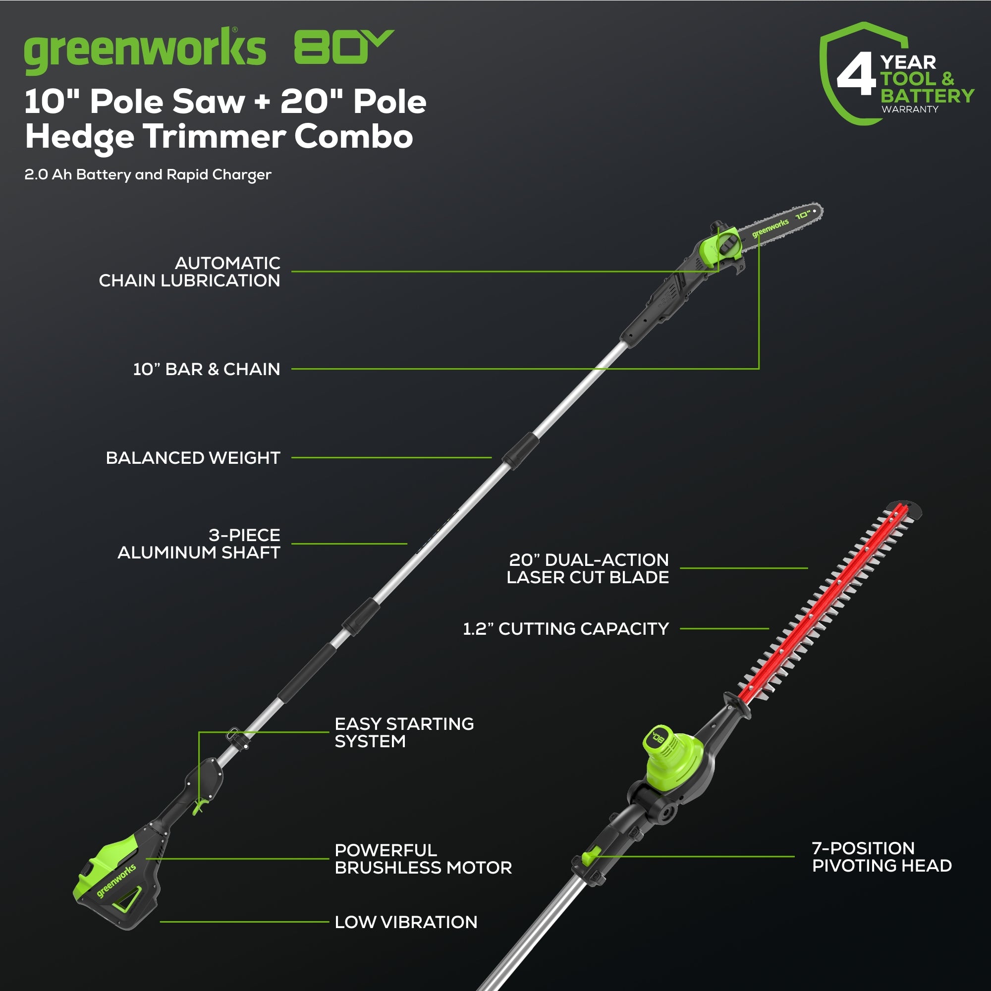 80V 20" Cordless Battery Pole Hedge and 10" Pole Saw Combo Kit: 2.0 Ah Battery and Rapid Charger