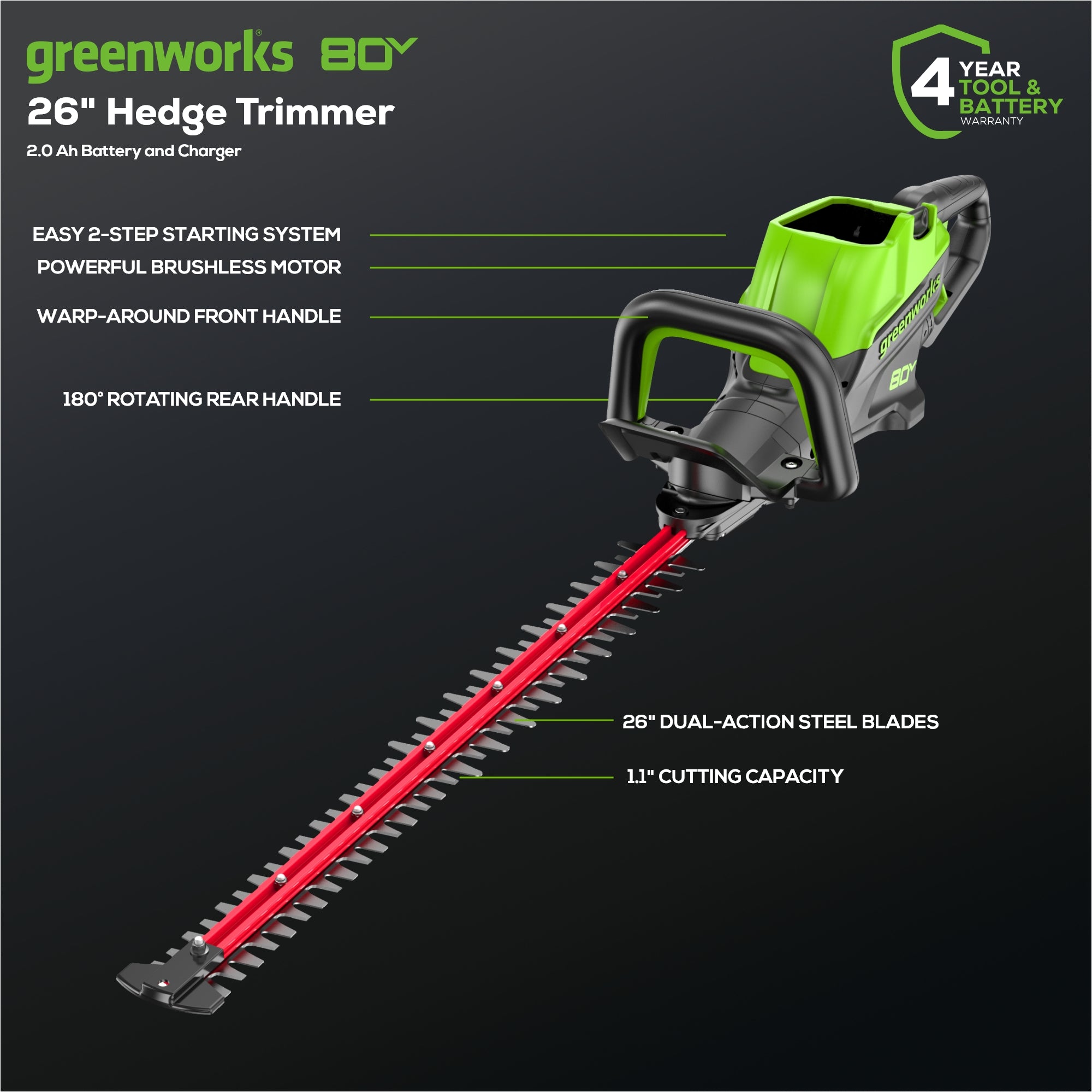 80V 26" Cordless Battery Hedge Trimmer (1.1" cut, 4000 SPM): 2.0 Ah Battery and Charger